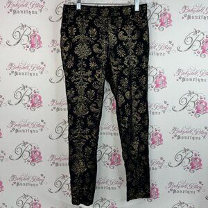 HUE pants ornate pattern shiny shimmer Black and Gold Patterned Legging style